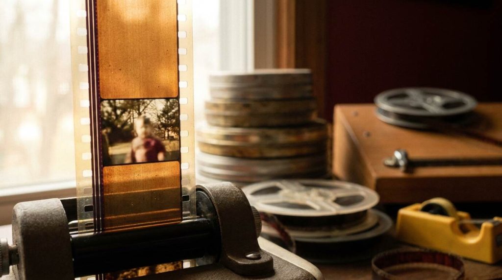 Film threaded through the scanner gate, where each frame is captured individually